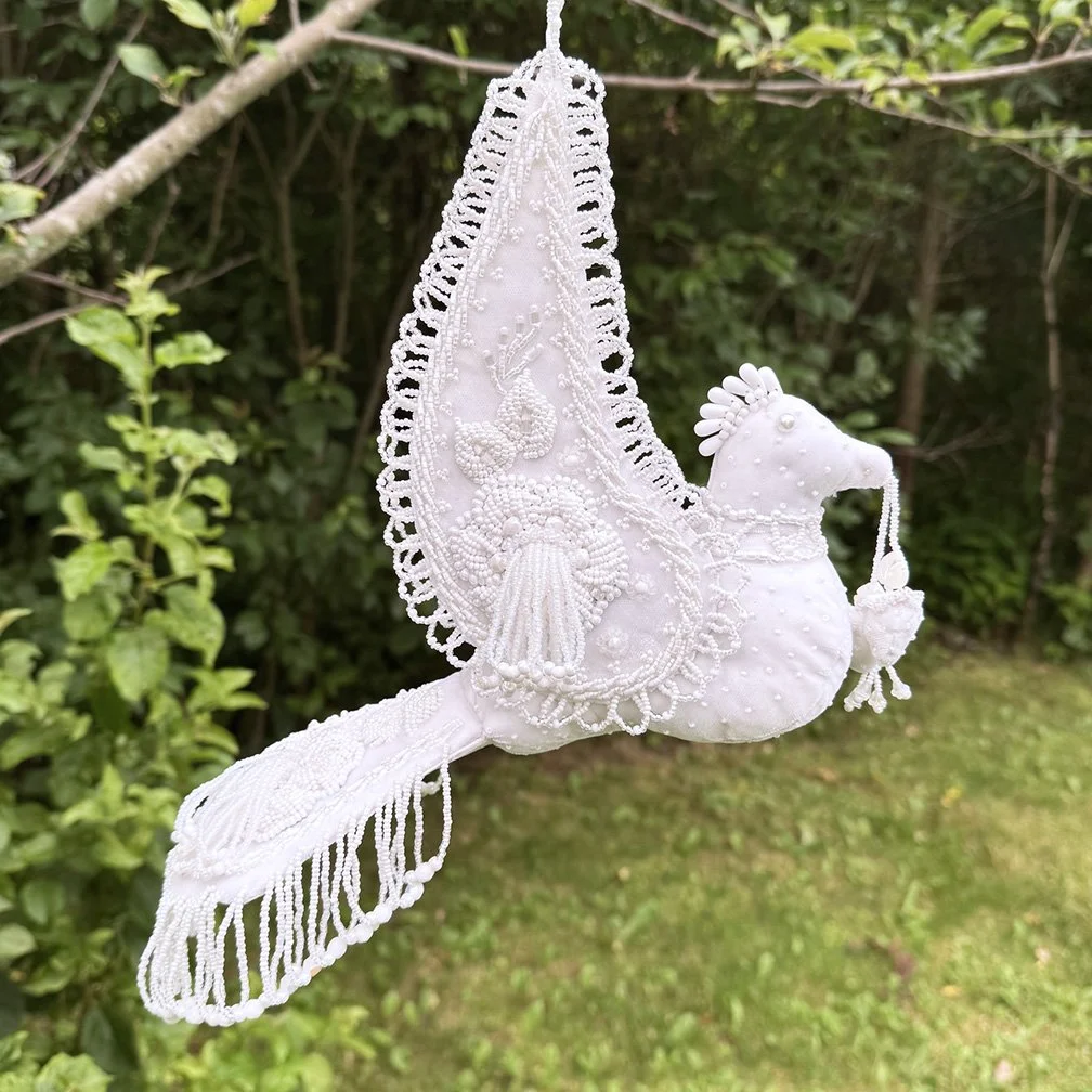 XLarge Beaded Bird - White on White