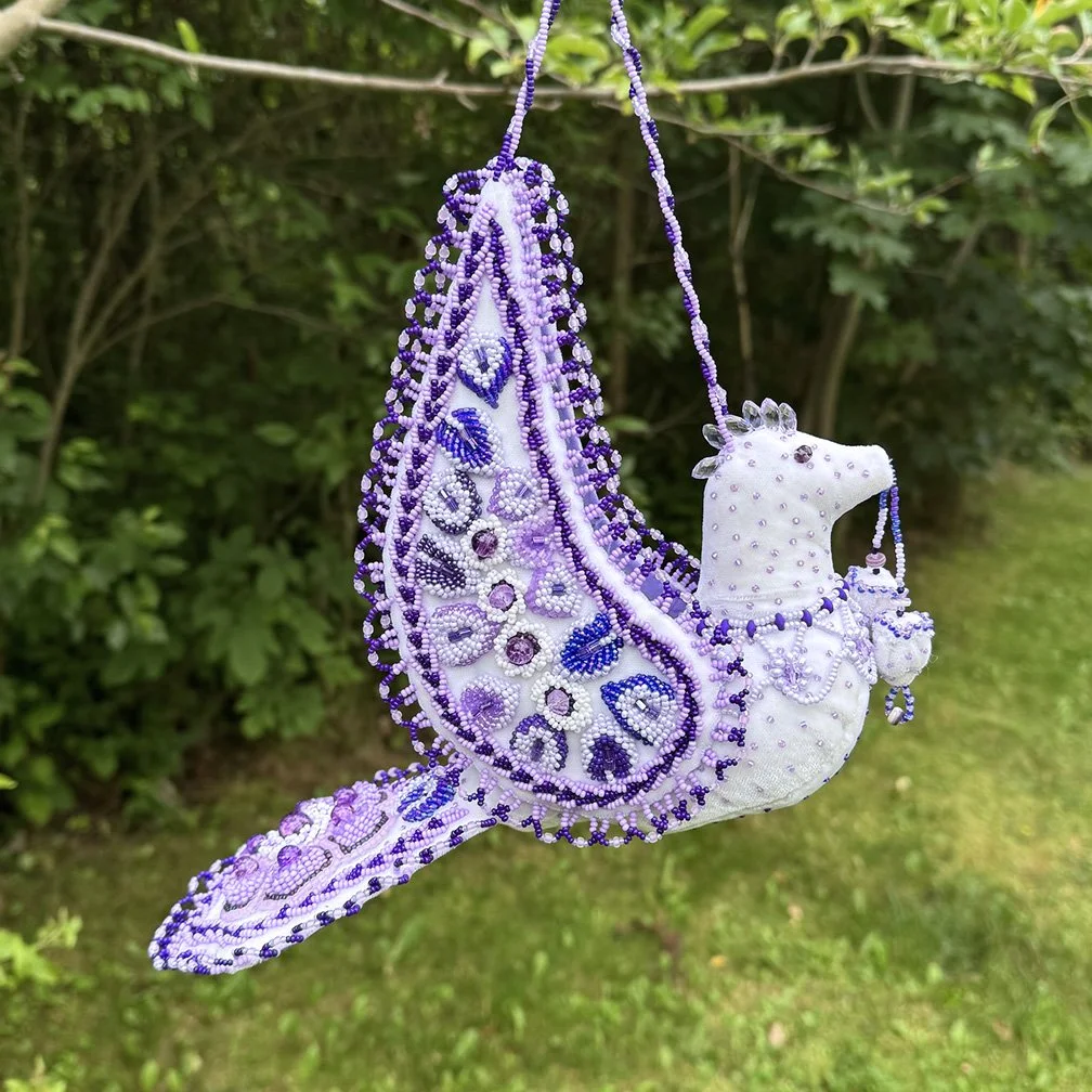 XLarge Beaded Bird - Purple on White