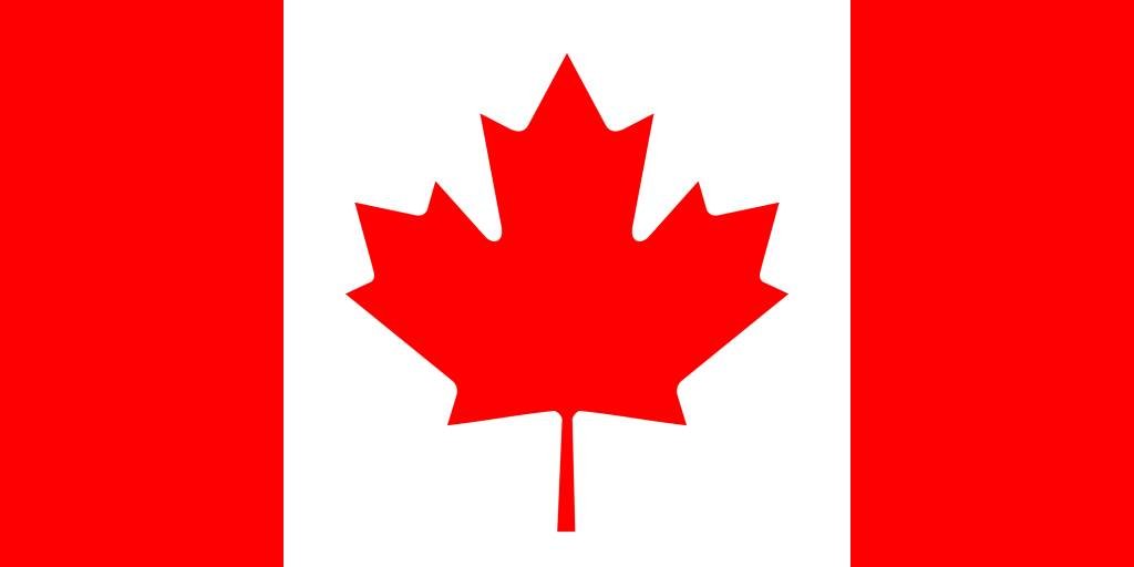 Canadian flag with red and white vertical stripes and a red maple leaf in the center.