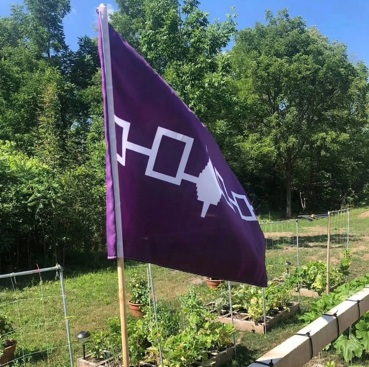 Purple flag with white geometric design, planted in a garden surrounded by green trees and plants, with a clear blue sky overhead.