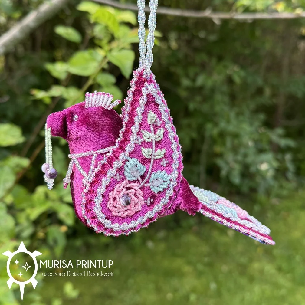 Tuscarora Beaded Bird - Magenta Velvet - Wampum & Moonstone Beads