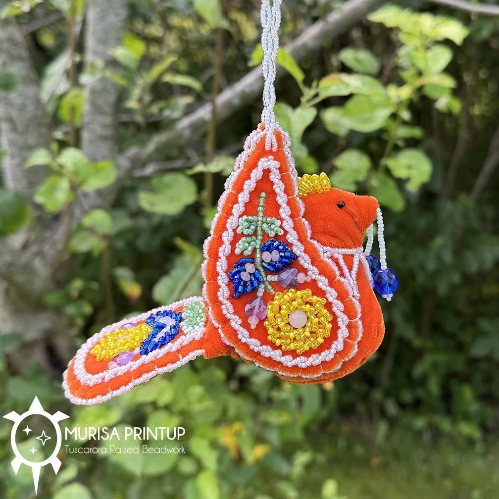 Tuscarora Beaded Bird - Orange Velvet - Amethyst & Moonstone