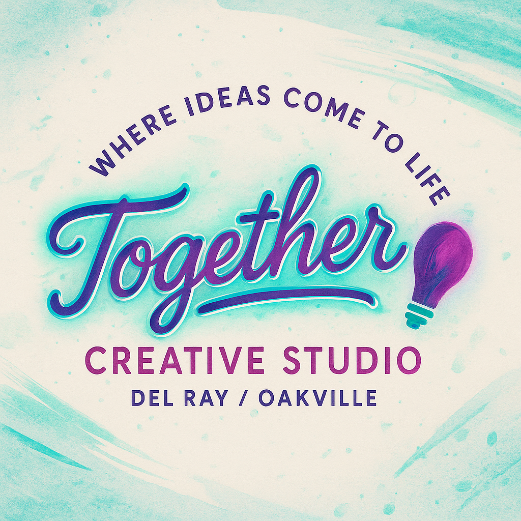 A colorful sign for 'Together Creative Studio' with the slogan 'Where ideas come to life,' located in Del Ray, Oakville. The sign features a light bulb illustration and vibrant blue, purple, and teal colors.