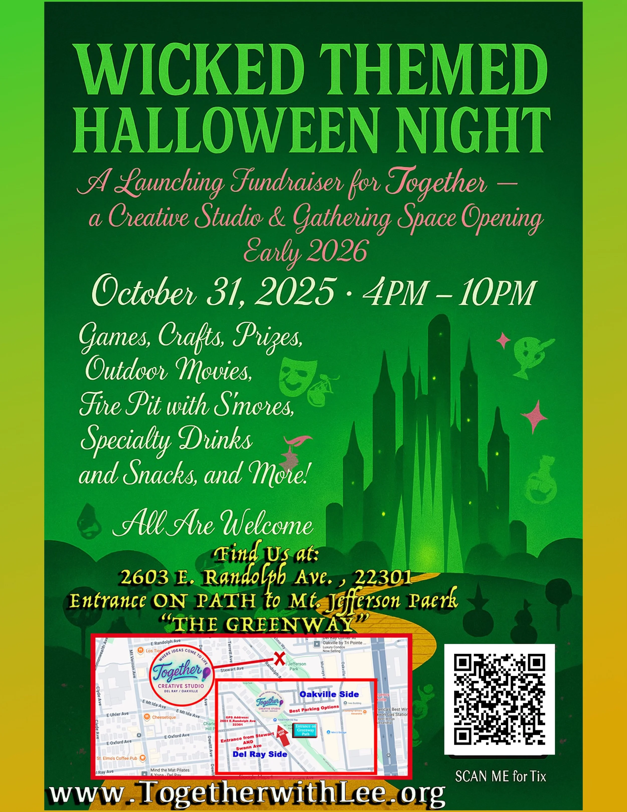 Flyer for Wicked Themed Halloween Night event on October 31, 2025, from 4 PM to 10 PM, featuring games, crafts, prizes, outdoor movies, fire pit with smores, specialty drinks, and snacks, at 2603 E. Randolph Ave., with a map and QR code for tickets.
