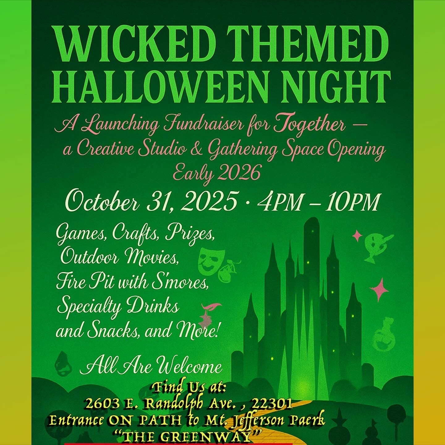 Green poster advertising Wicked themed Halloween night with details on date, time, activities, and location.