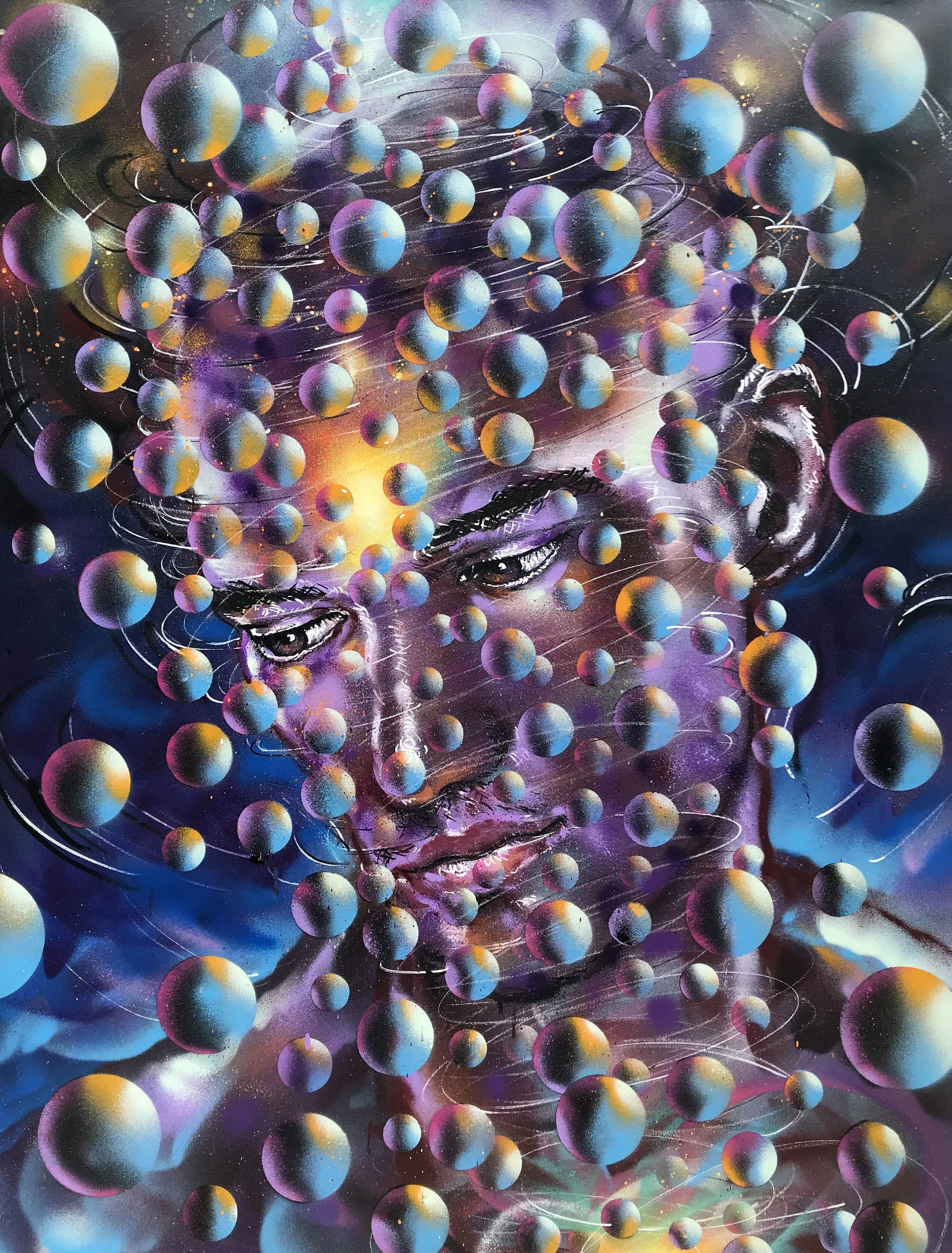 Atomic Contemplation 2 2018, Spray paint and ink on canvas, 116x89cm 