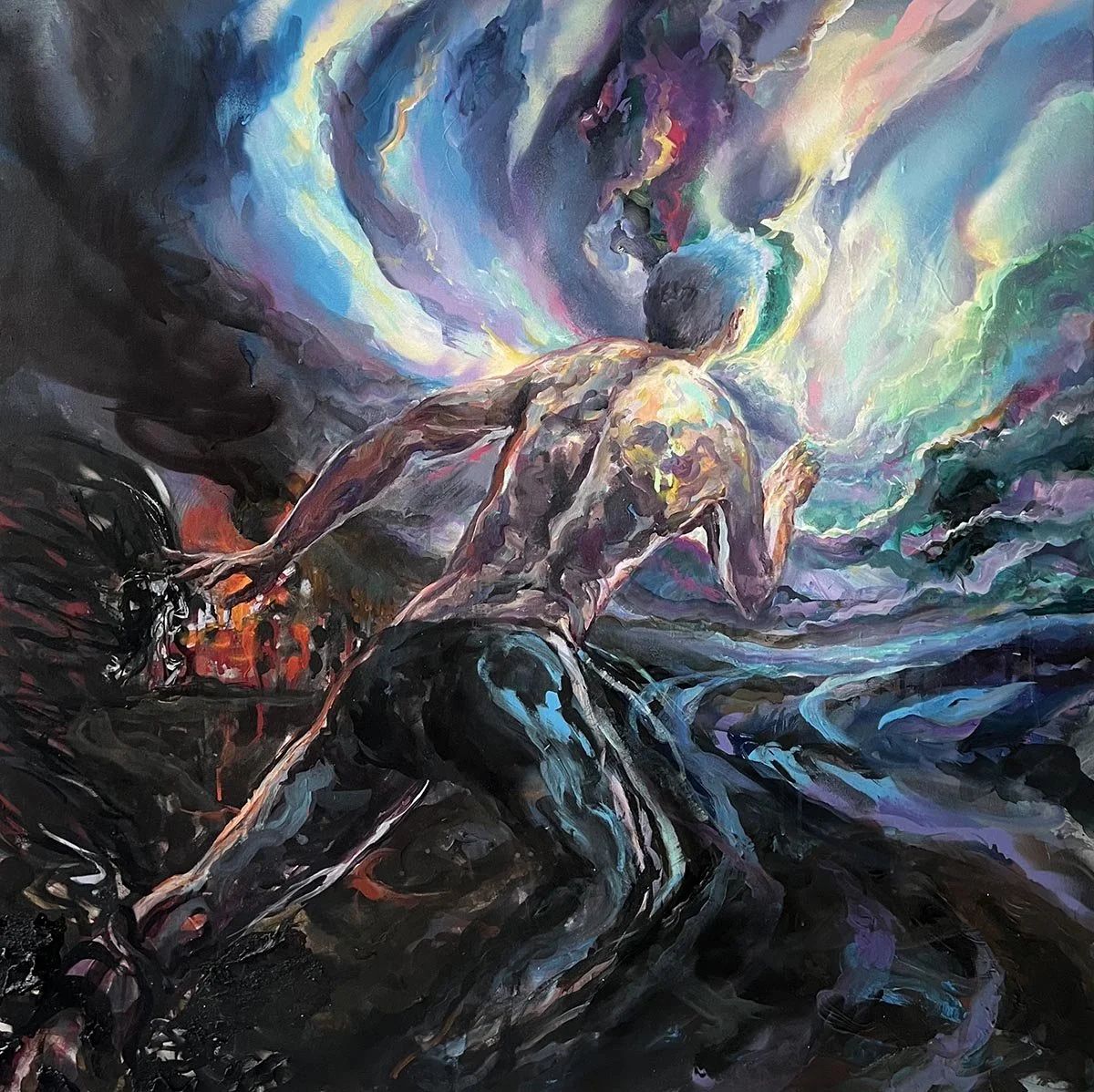 Portal 2026, Acrylic, Tar, and Spray paint on canvas, 100x100cm