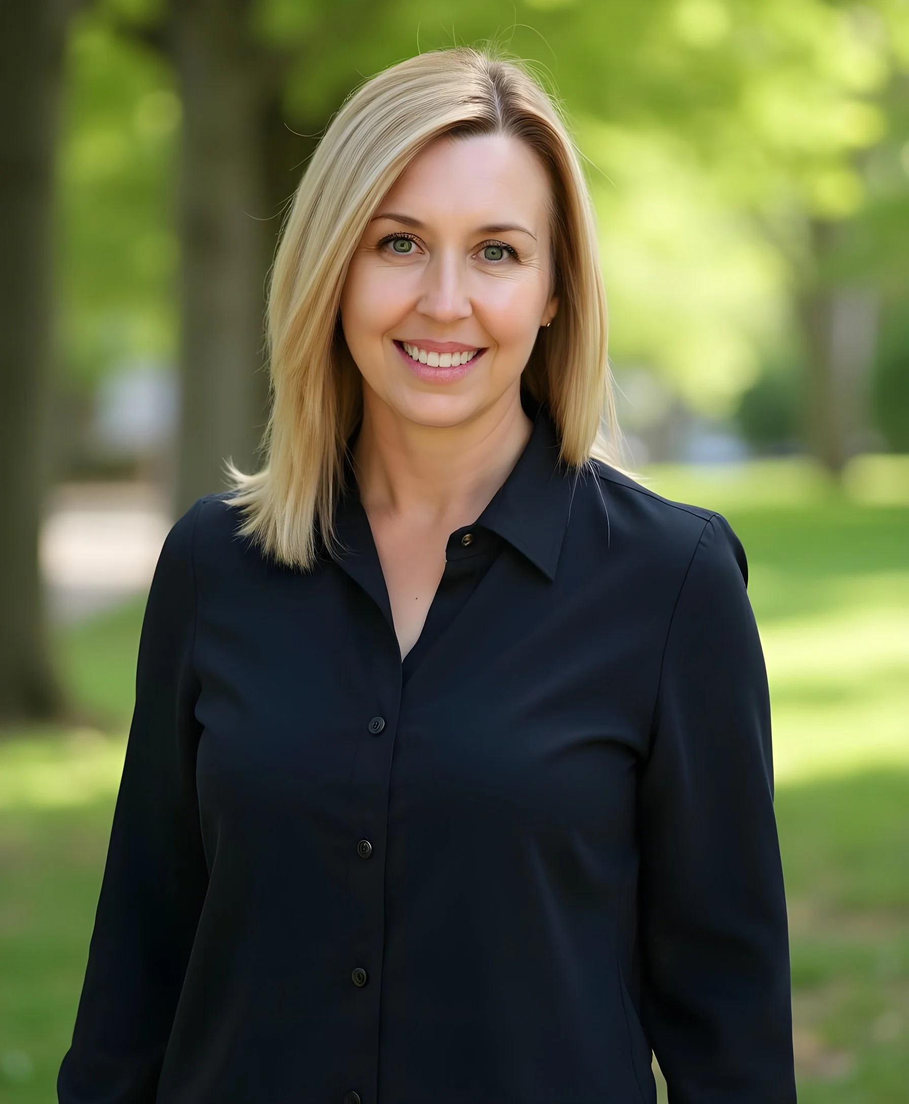 A woman with blonde hair, green eyes, and a black button-up shirt smiling outdoors in a park with green trees and grass in the background.