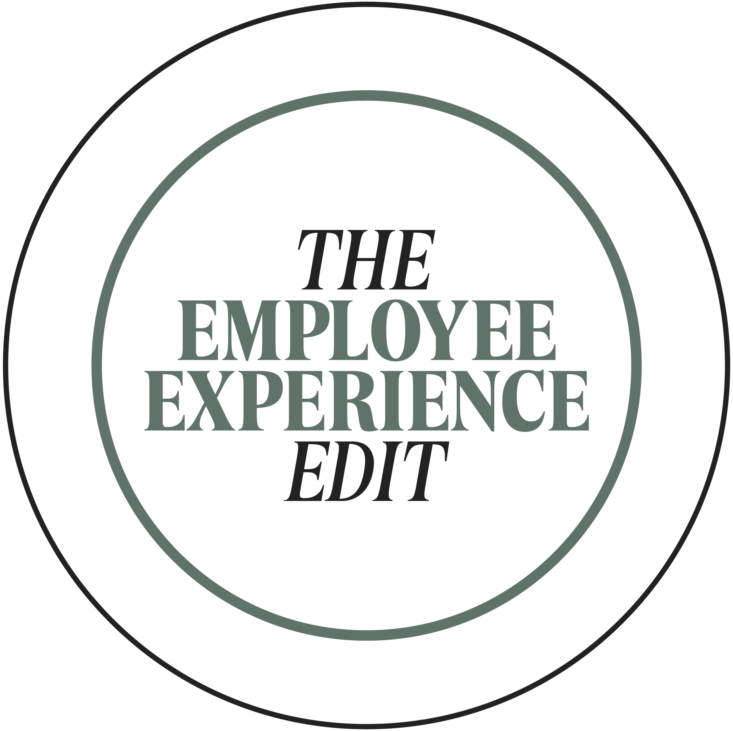 Circular logo with black background and gray concentric circles, featuring the text 'THE EMPLOYEE EXPERIENCE' in the center, with 'THE' and 'EDIT' in smaller italicized font above and below, respectively.