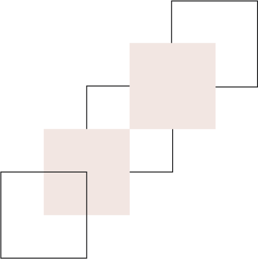 Abstract geometric design with overlapping light pink and beige squares connected by black and dark gray lines on a white background.