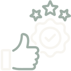 A thumbs-up icon with a badge and stars above it, symbolizing approval or quality approval.