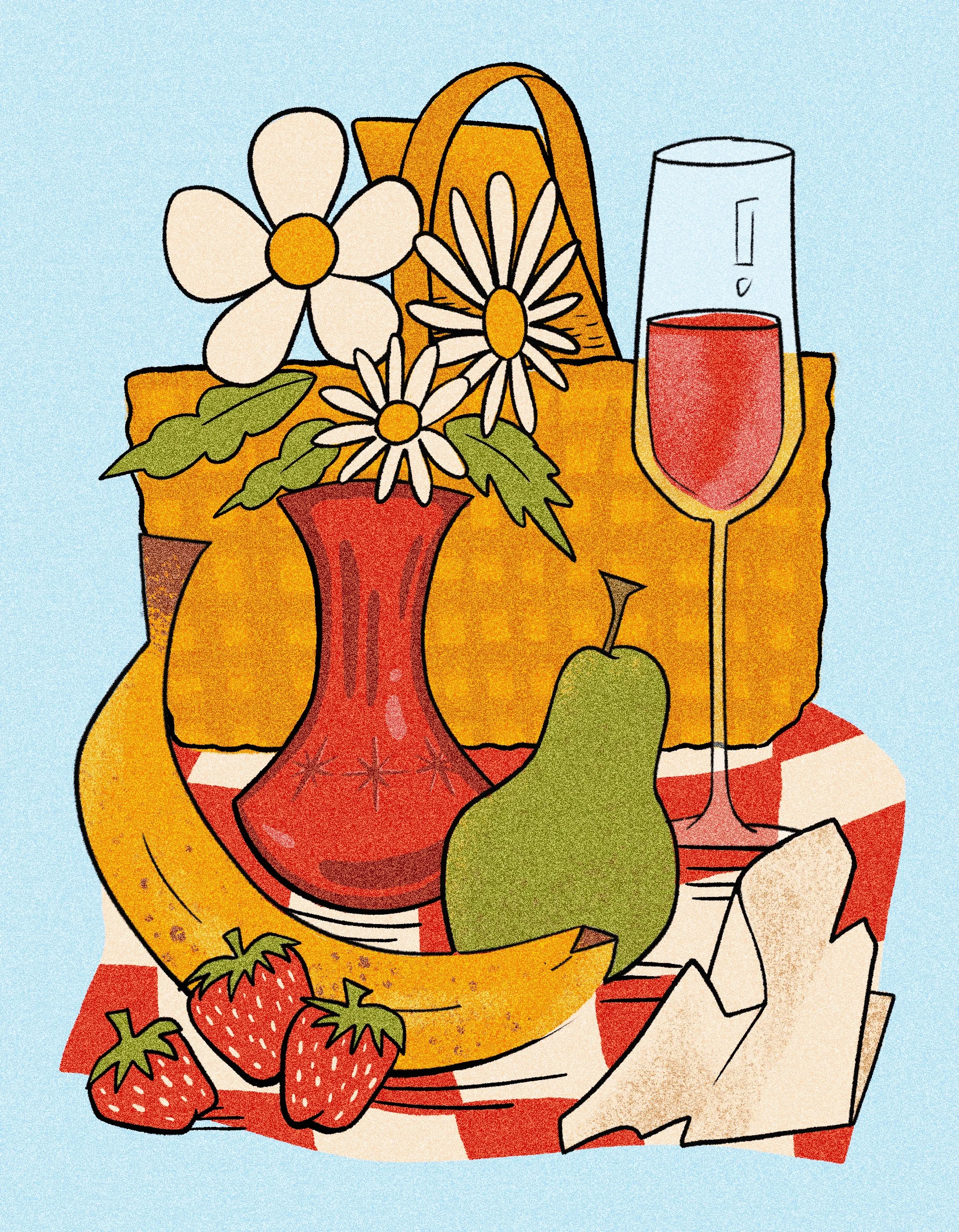It's a Picnic, Pookie! print from Grandma's Laundry Room features a baby blue background with a picnic basket, a champagne flute, a red glass vase with daisies in it, a pear, a banana, and some strawberries sit on top of a red and white checkered clo