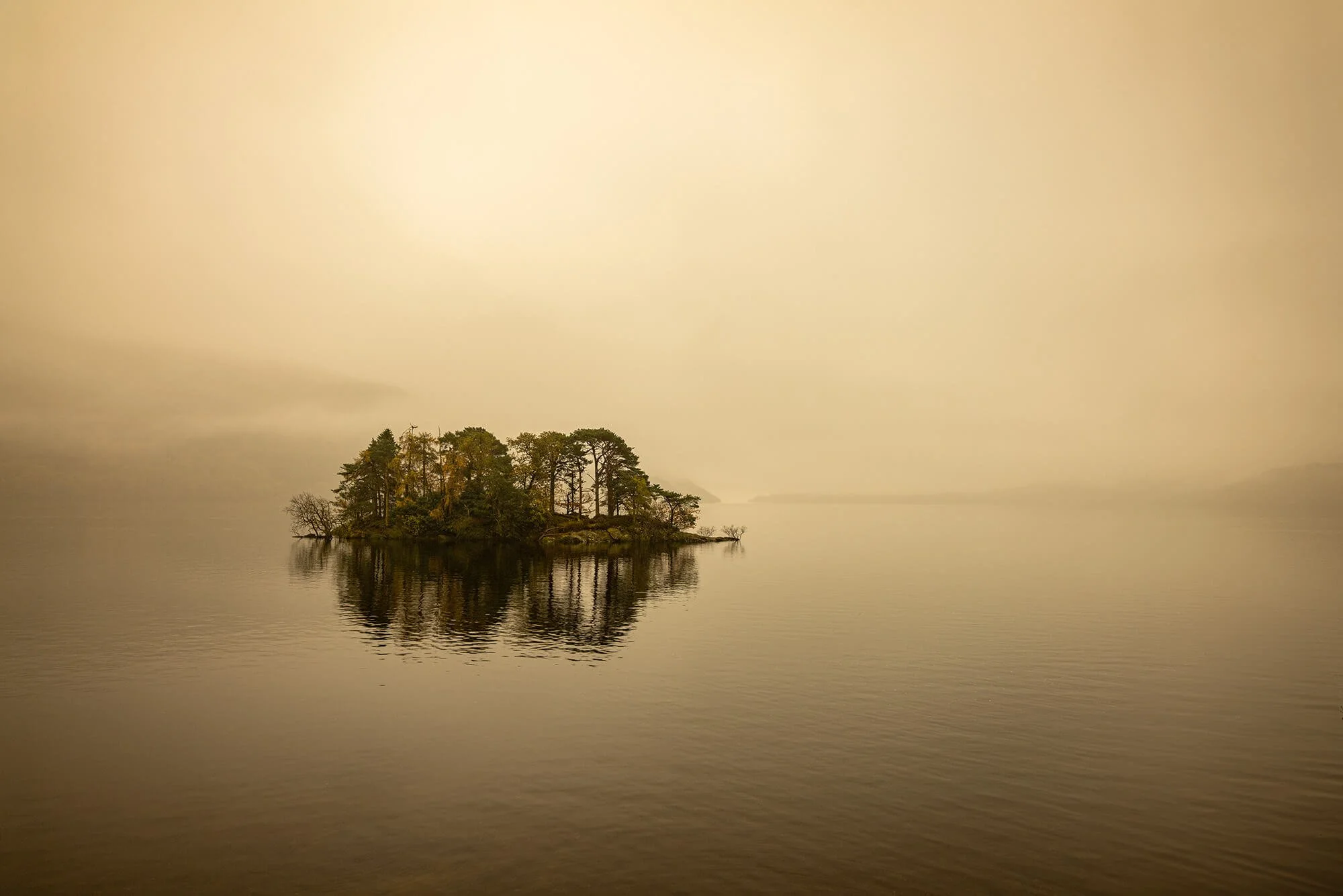 A small island with trees surrounded by calm water and a foggy, hazy sky.