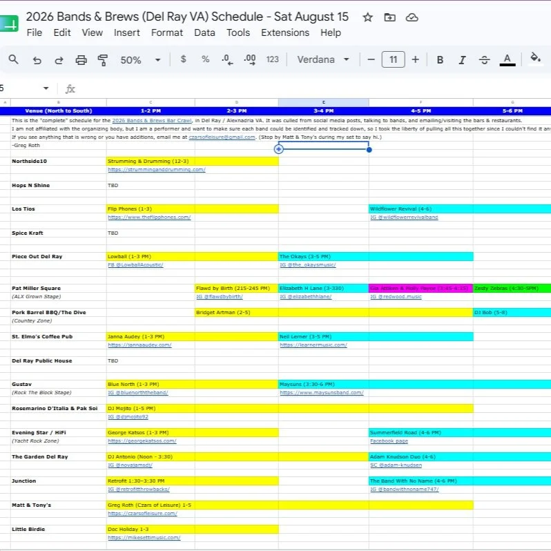 I thought it was weird that I couldn't find a complete schedule for this weekend's Bands &amp; Brews Bar Crawl (Del Ray/Alexandria VA), so I went ahead and compiled one the best I could from social media posts, emailing/visiting restaurants, and aski