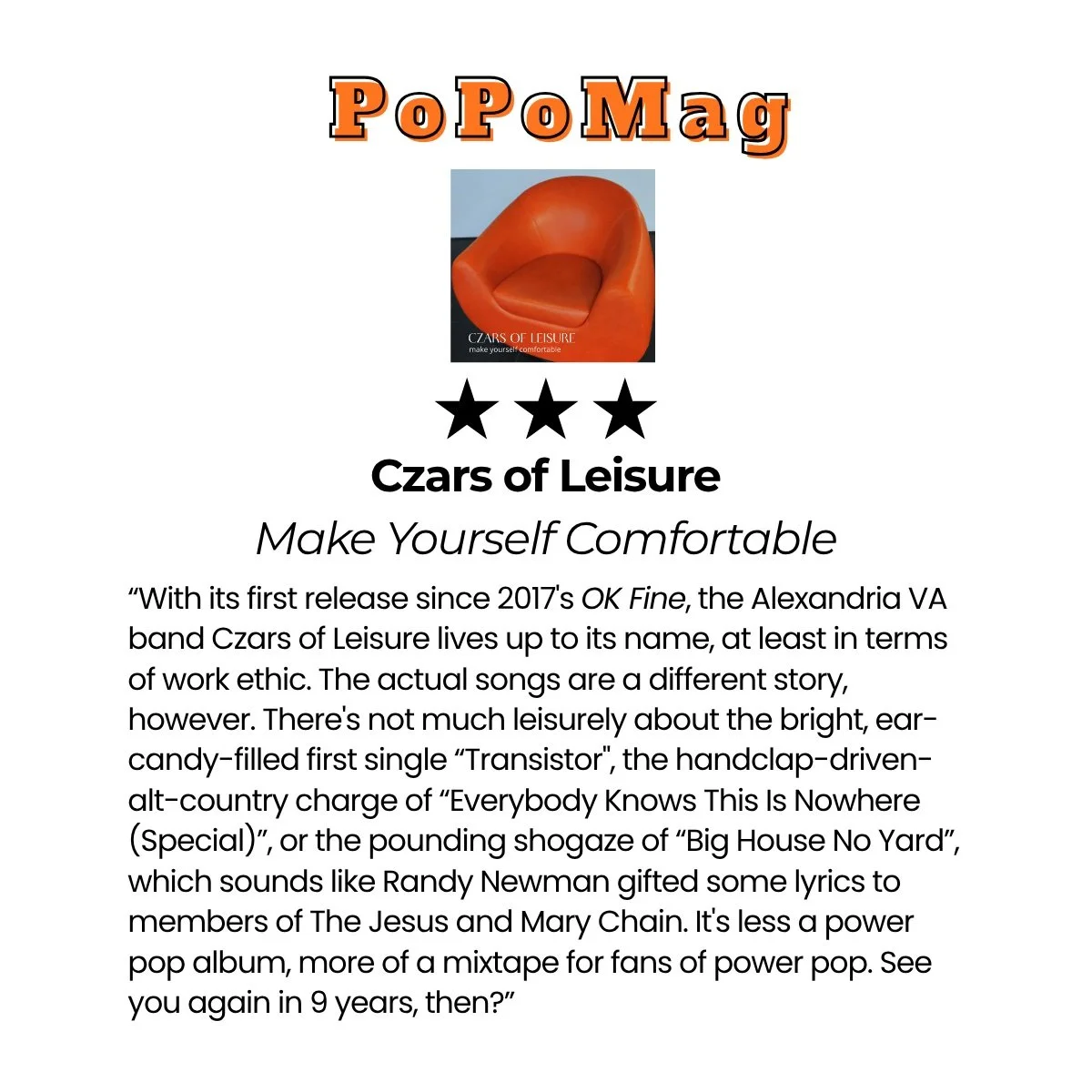 Thanks to Power Pop Magazine ("PoPoMag") for this completely legit review of our new album Make Yourself Comfortable, which we wrote, recorded, and released in May solely to get attention from the music press. 

#MYCreviews #manypeoplearesa