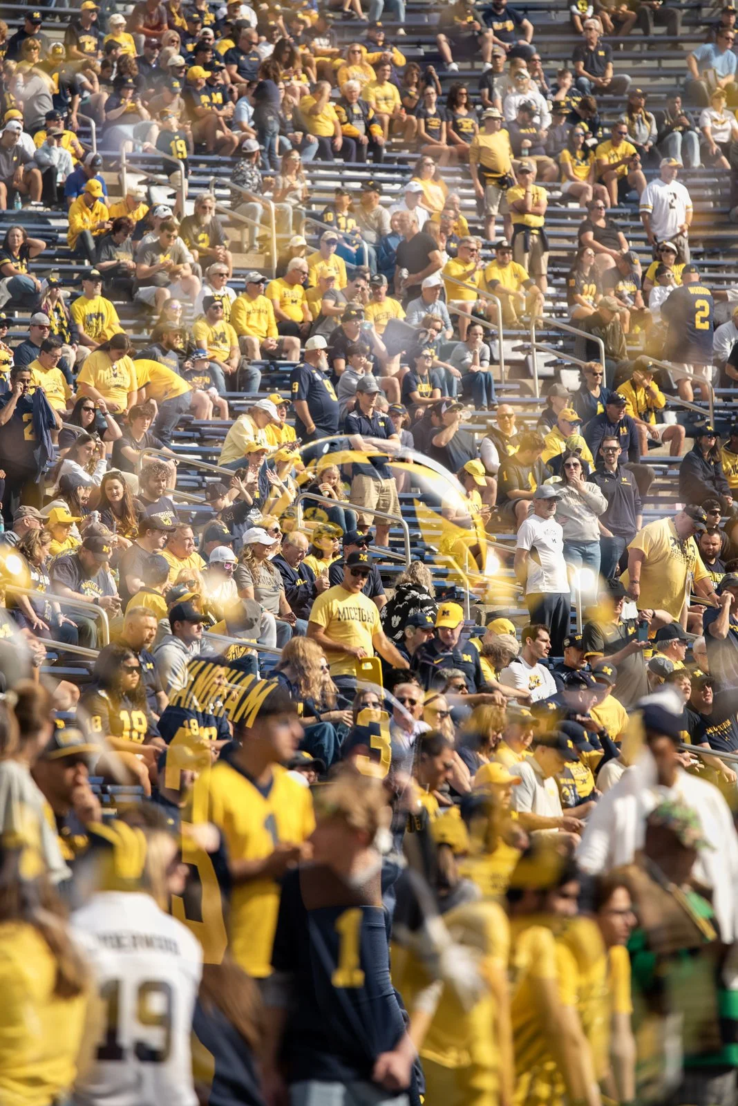 Crowd of university football fans dressed in yellow and dark blue, sitting in stadium bleachers on a sunny day, supporting the University of Michigan.