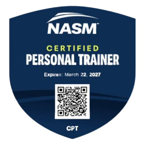 NASM Certified Personal Trainer certification badge with expiration date of March 22, 2027 and a QR code.
