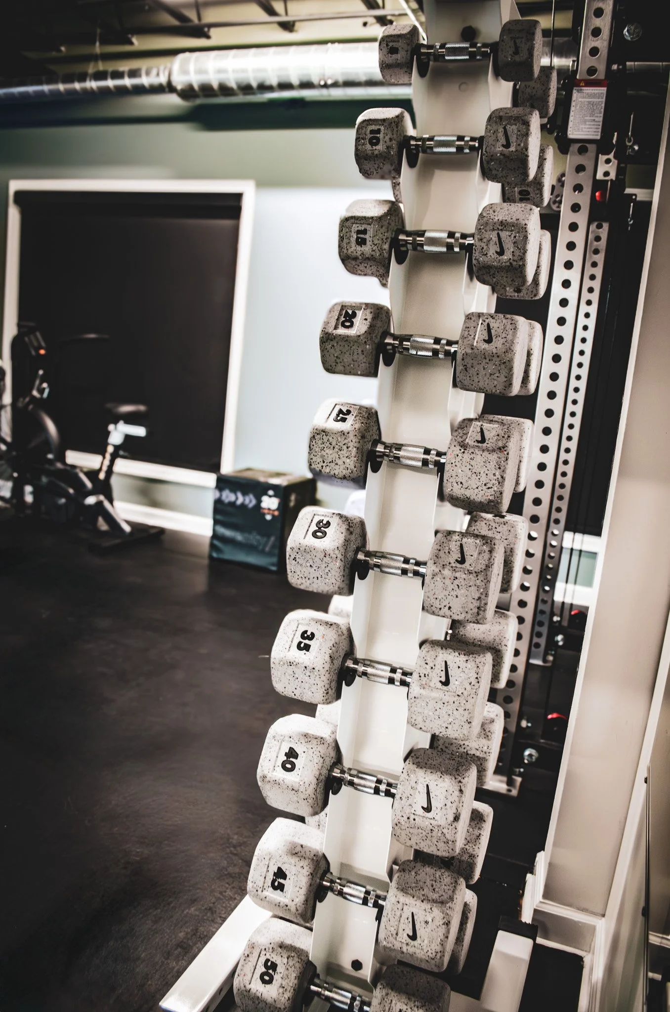 Professional dumbbell rack used for personal training and strength workouts at Archive Fitness Training in Carmel, IN.