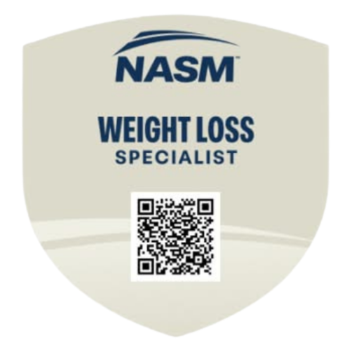A badge with the NASM logo at the top, labeled 'Weight Loss Specialist,' and a QR code at the bottom.