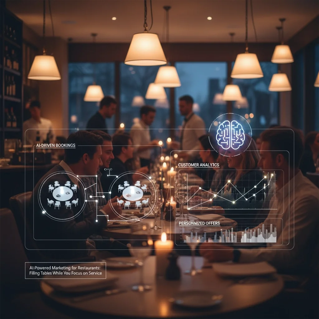 Businesses meeting in a restaurant with overlays of AI-driven data analytics, including graphs, customer insights, and personalized offers.