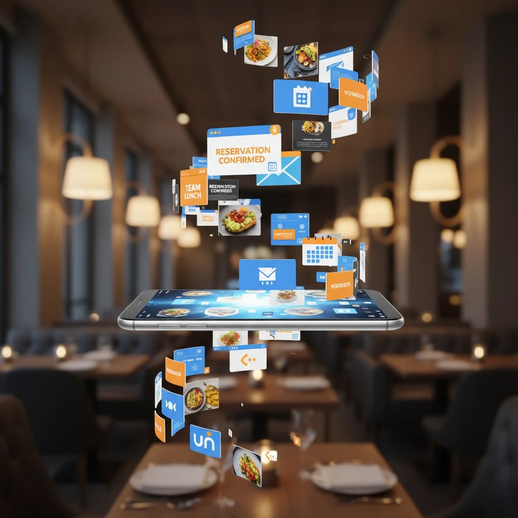 A smartphone with floating digital icons and images representing restaurant reservation, menu options, and food items, in a cozy restaurant setting.