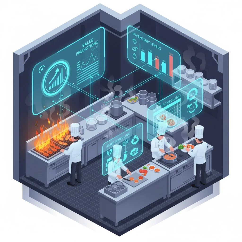 A futuristic restaurant kitchen with chefs cooking, digital displays showing sales, inventory, and scheduling, and one stove on fire.
