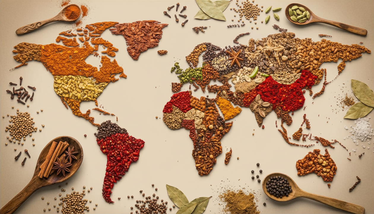 World map made from various spices and herbs on a light background with wooden spoons and scattered spices.