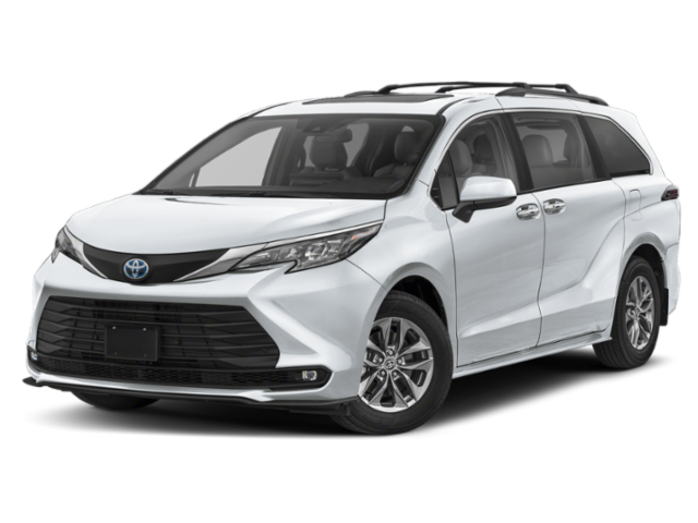 White Toyota minivan with tinted windows and black roof rails, isolated on a black background.