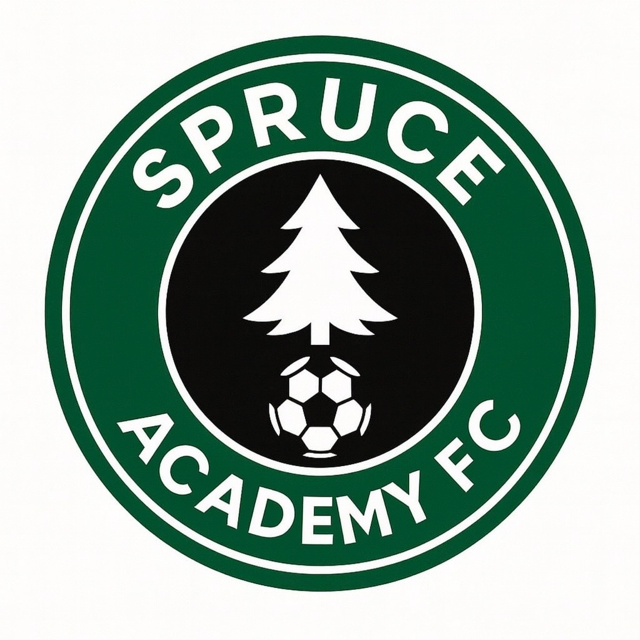 The logo of Spruce Academy FC features a green and white circular emblem with a pine tree and a soccer ball in the center.