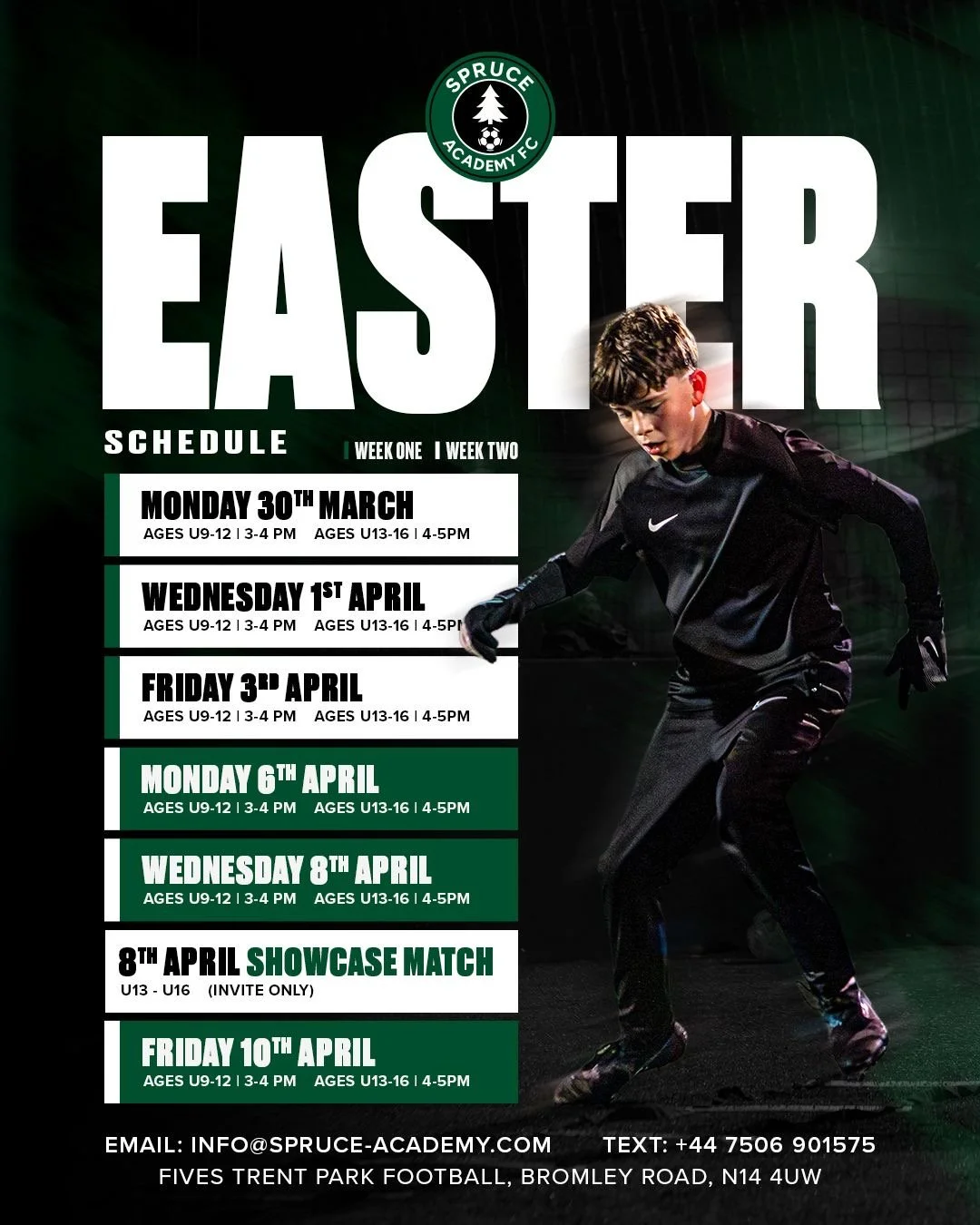 Poster for Spruce Academy FC with football training schedule in March and April, featuring a young male athlete in black sportswear.