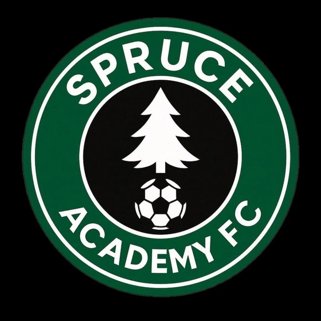 Logo of Spruce Academy FC featuring a green circle with the words 'Spruce Academy FC' around a white pine tree, a soccer ball, and two hexagons in the center.