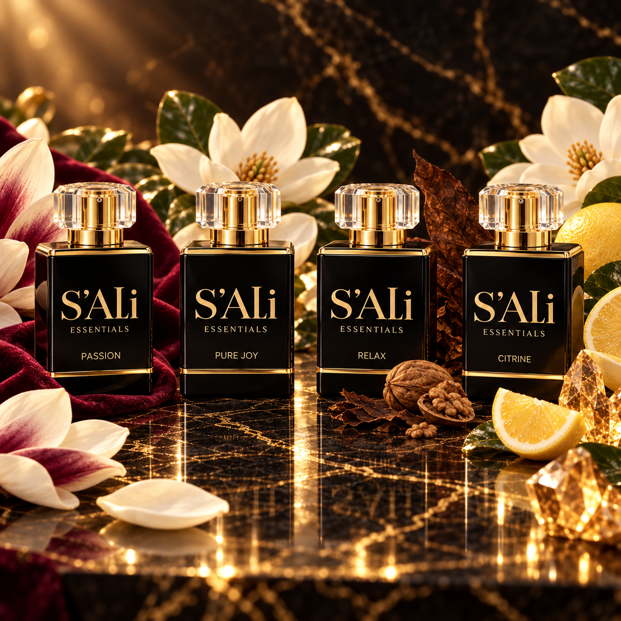 Four bottles of S'Ali Essentials perfume with gold and black packaging, labeled Passion, Pure Joy, Relax, and Citrine, placed on a black marble surface with decorative floral and citrus elements, in a luxurious setting.