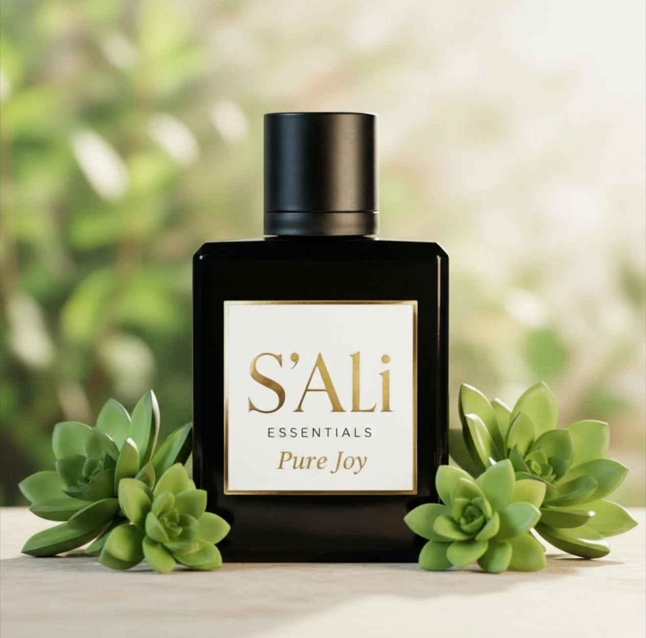 A black bottle of S'ALi Essentials Pure Joy perfume with a white label, surrounded by green succulents on a light wooden surface, with a blurred outdoor background.
