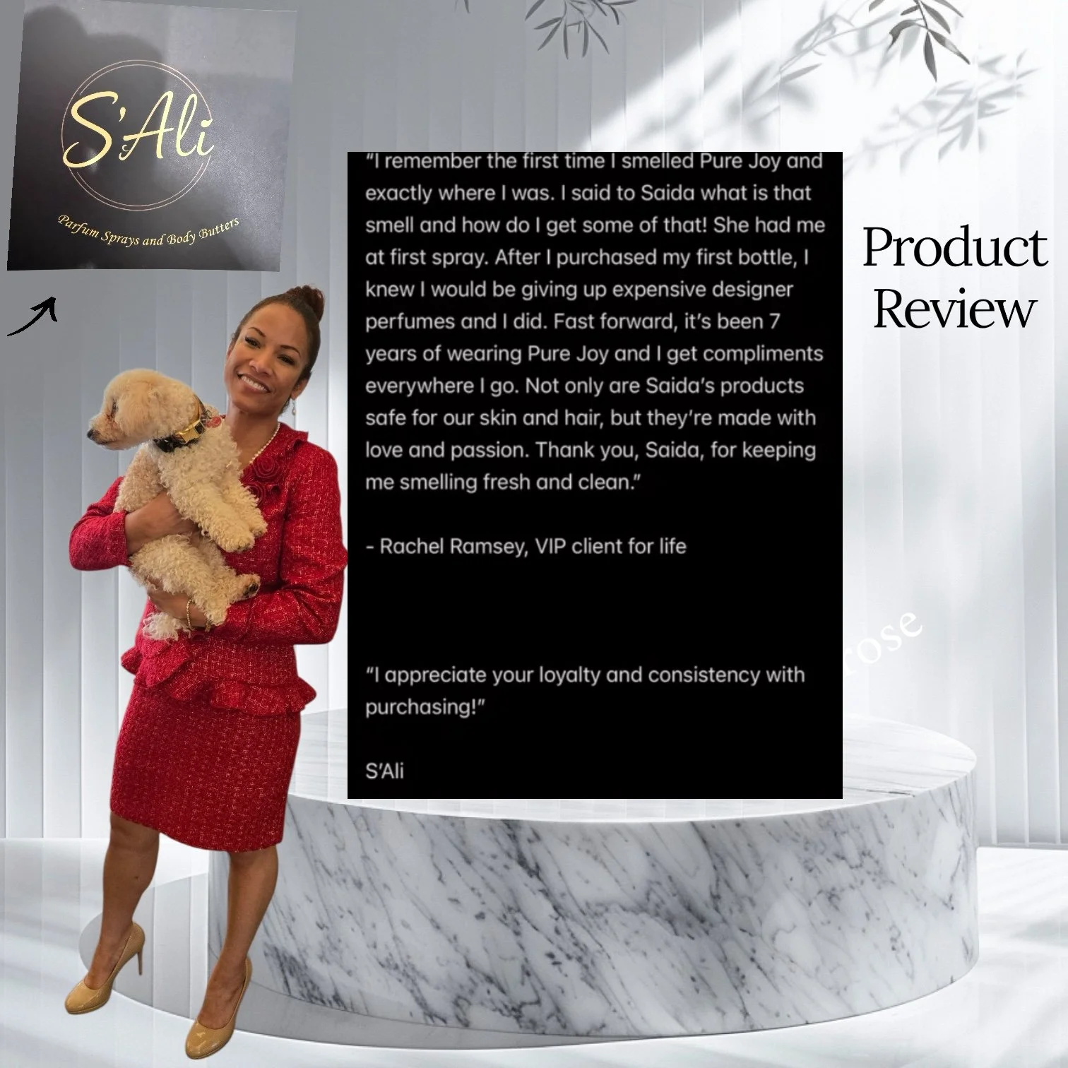 Product review overlay on a photo of a woman in a red outfit holding a dog, with a marble table and white background, promoting S'Ali perfume and body butters.