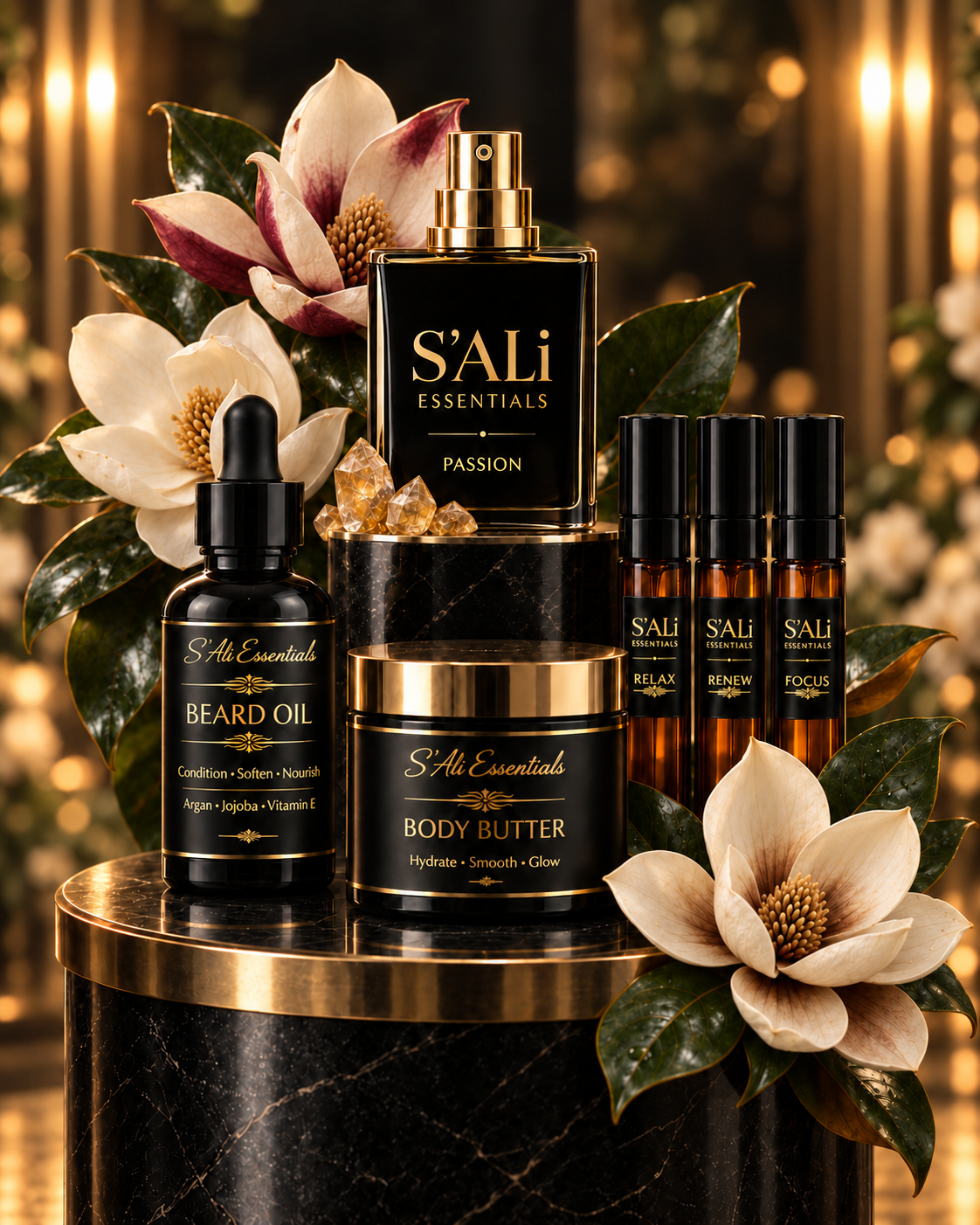 Collection of black and gold skincare and fragrance products including body butter, beard oil, perfume spray, and essential oils, decorated with white magnolia flowers and green leaves on a black marble table.