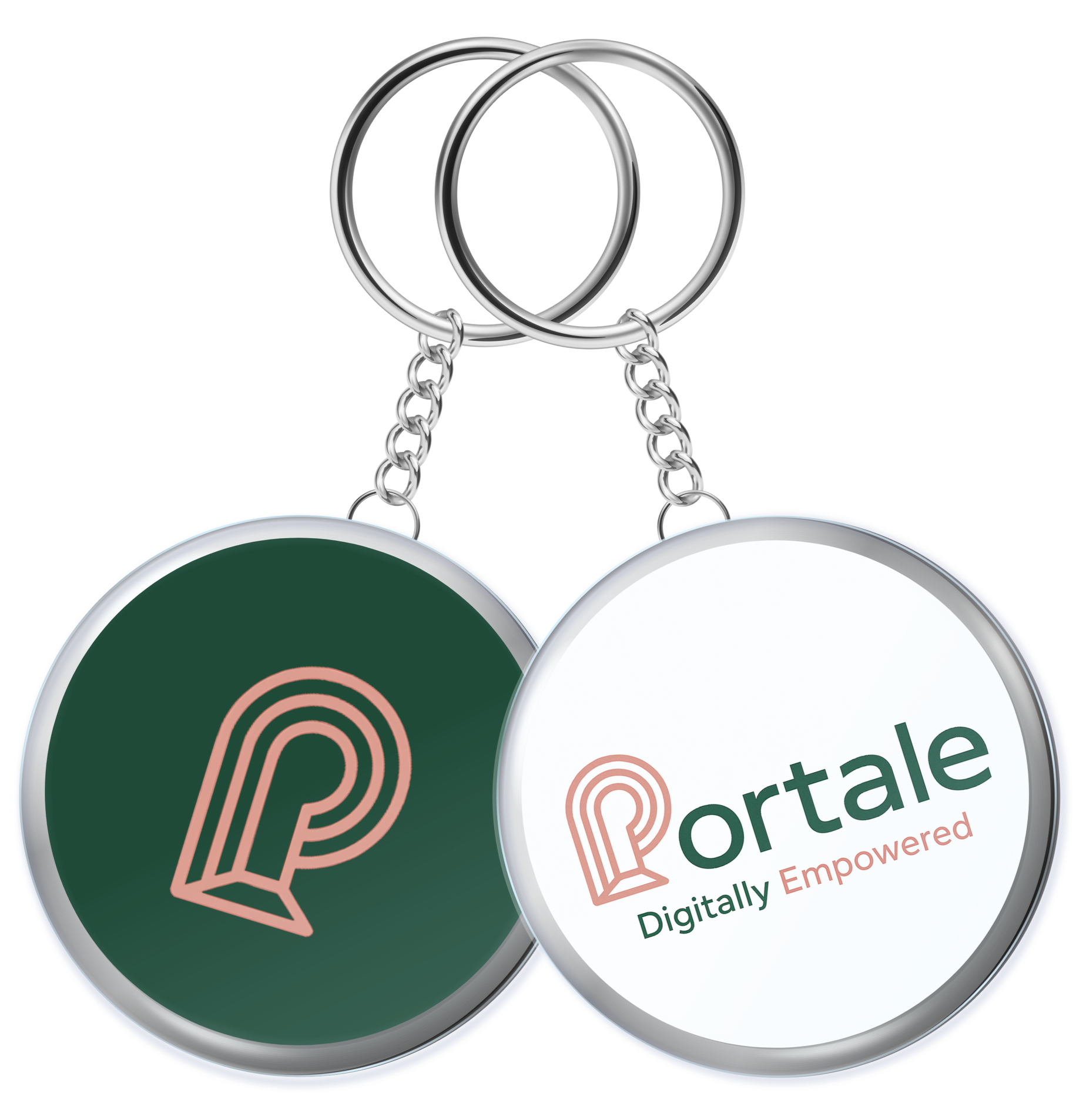 Two keychains with logos of Portale, a digital empowerment company, on a white background.