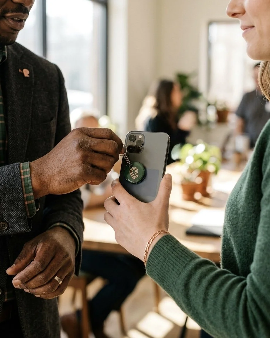 Portale NFC keychain held between fingers, ready to tap to a smartphone
