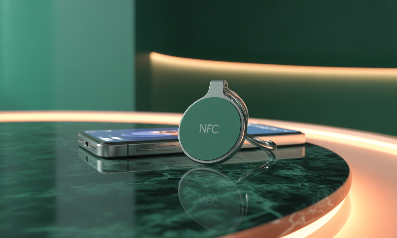 Wireless charging device labeled NFC placed on a smartphone on a green marble table with glowing ambient lighting in the background.