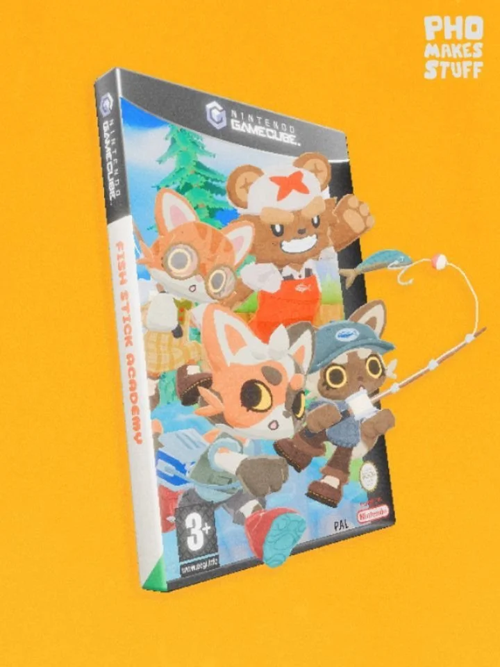 Fish Stick Academy on GAMECUBE?! 💥
...Nah, not really. But it was fun to make! 

I've got a small collection of physical GameCube games, and something I admire about them is the fantastic box art. The cover artwork for Sonic Adventure 2 and MarioKar