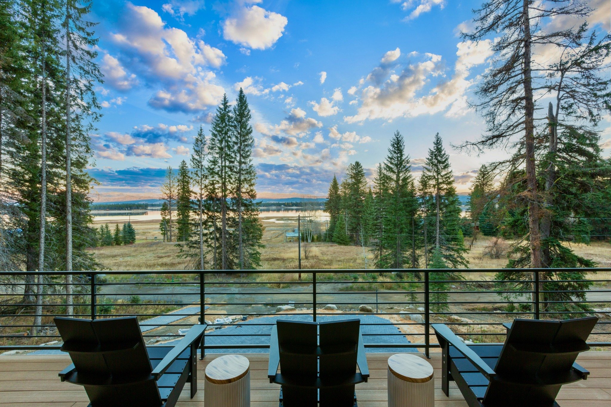 Deck seating overlooking Lake Cascade.