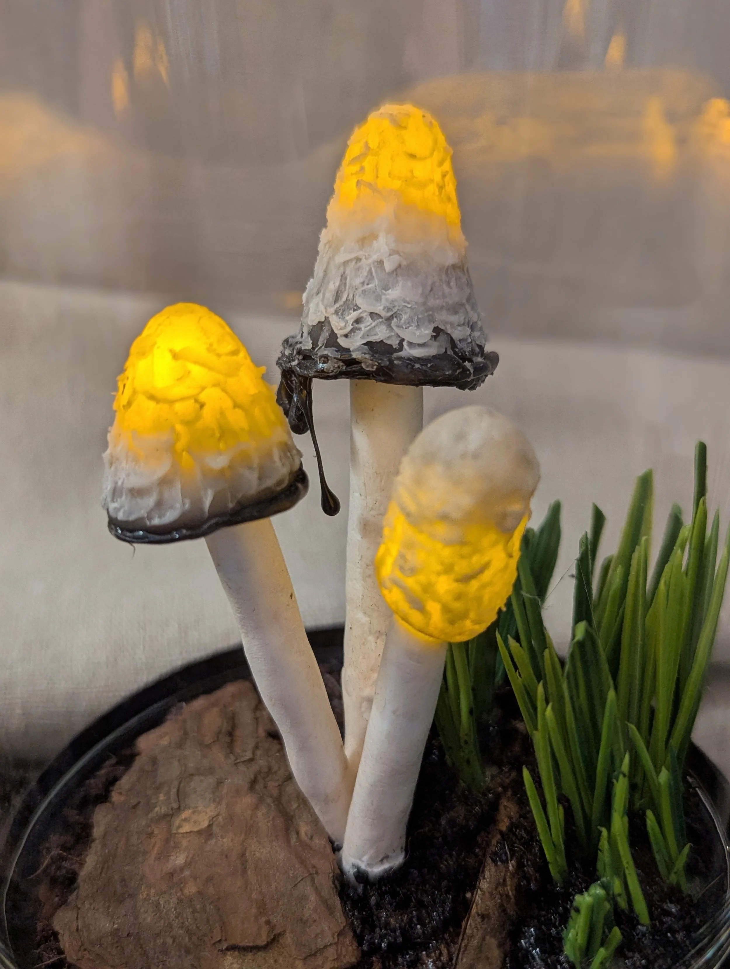 Decorative inkycap mushrooms with glowing yellow caps and white stems, surrounded by grass and bark on a pedestal.