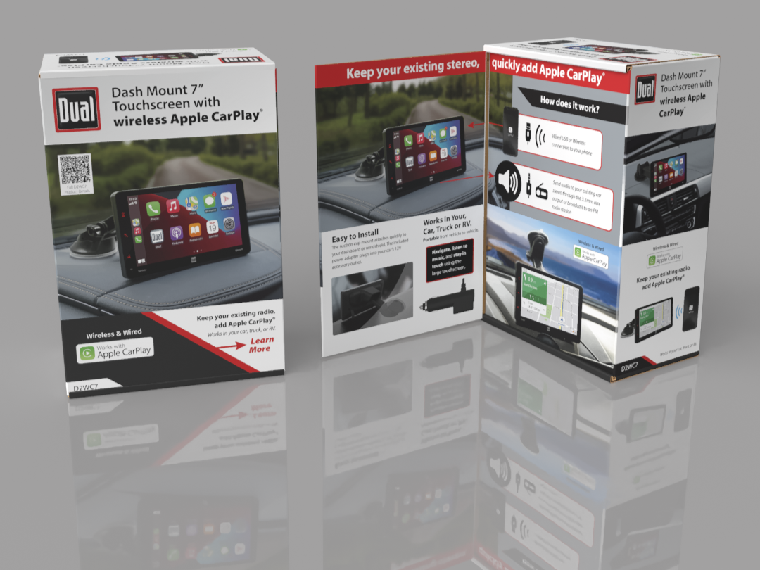 Packaging box for Dual Dash Mount 7-inch touchscreen with wireless Apple CarPlay, showing product features and installation instructions.