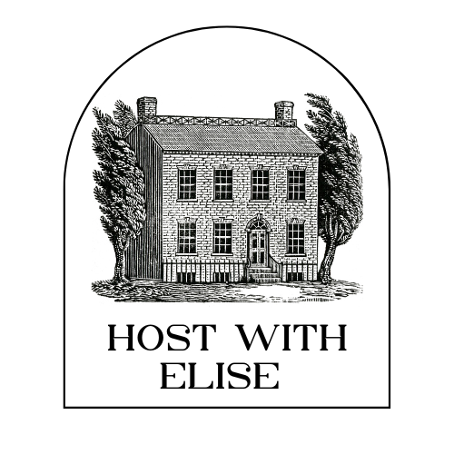 Black and white illustration of a two-story house with trees on both sides and the text 'Host with Elise' below.