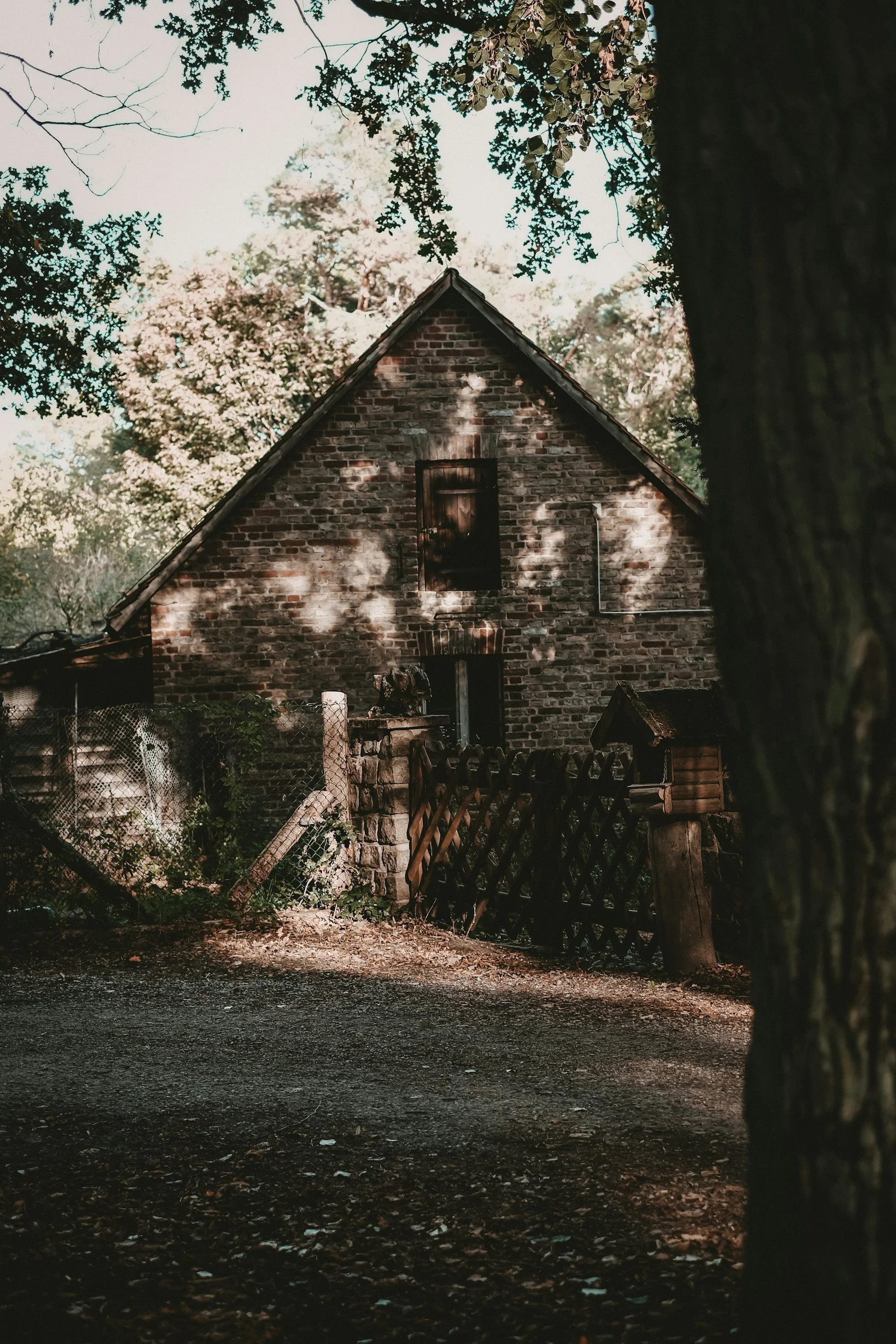 Old brick house surrounded by trees, with sunlight filtering through leaves, and a wooden fence in the front.