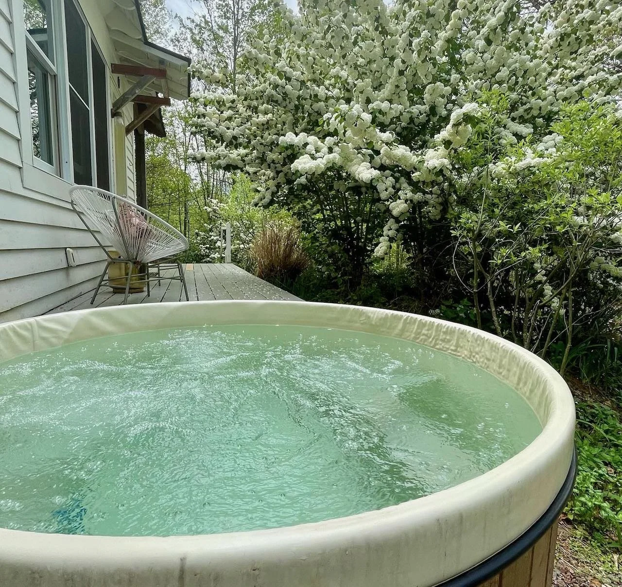 A backyard scene with a hot tub filled with water, a deck with a chair and small table, white flowering bushes, and a house with siding.