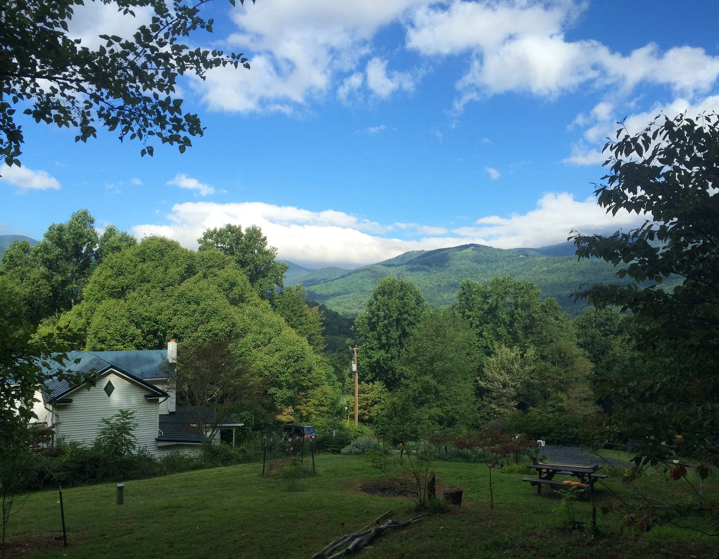 Spindle Hill Farm, a small organically farmed homestead near Nellysford, Virginia  in Nelson County, with green trees, a blue sky with clouds, and a white wooden farm house with a dark roof in the foreground.