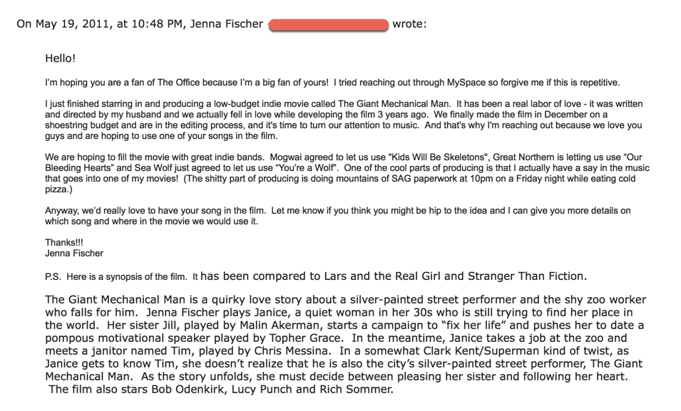 Music Licensing Film Placement in Jenna Fischer Film (Copy)
