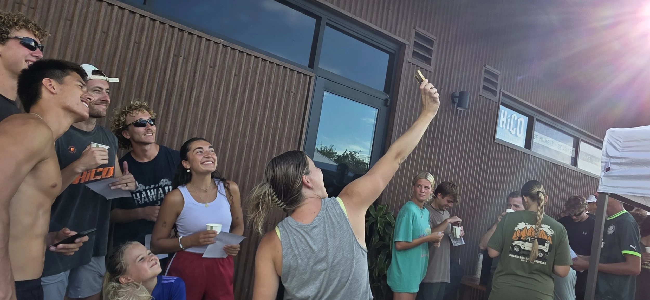 Friends taking pre-race selfies