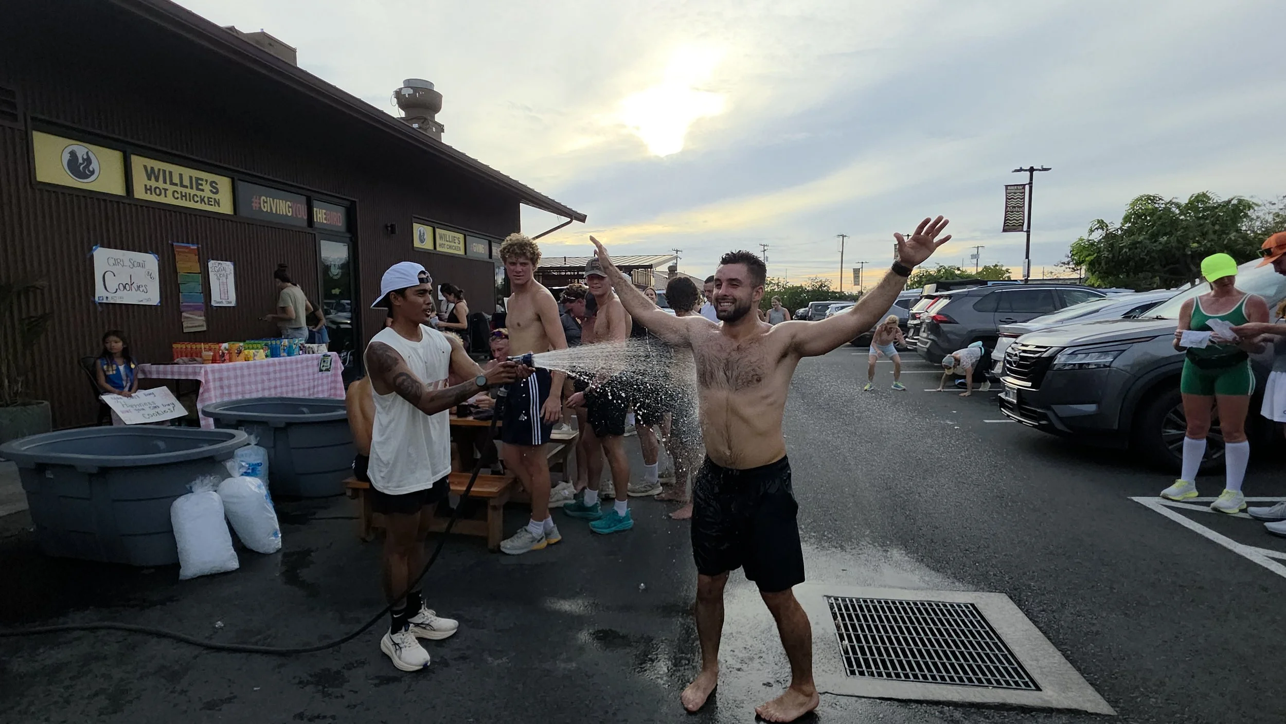 Runner getting hosed down before cold plunge