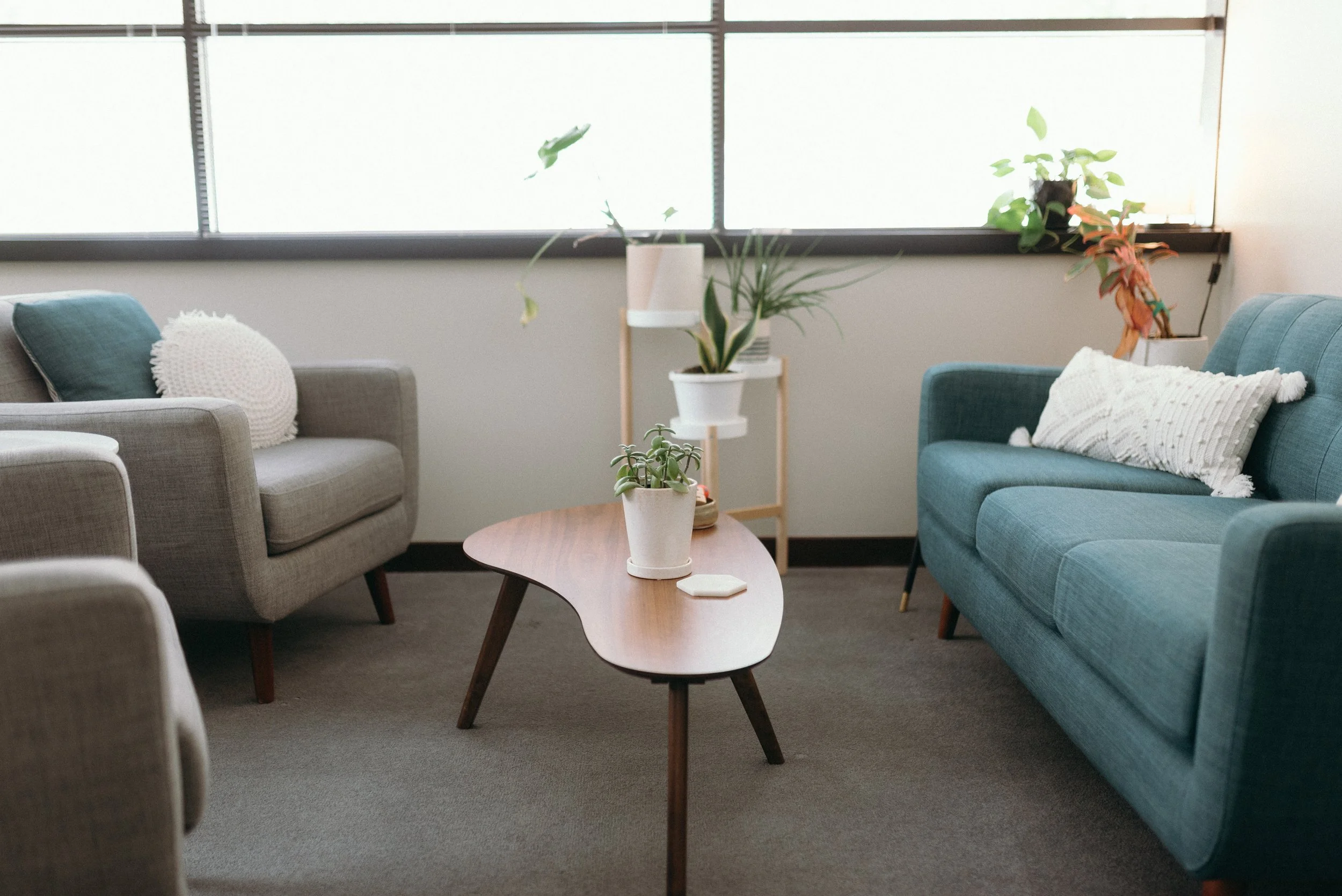 Image of an inviting office with a wood coffee table, multiple green plants, a green couch with white throw pillows and grey chairs on the opposite side. A wide window is present letting in a lot of natural light.